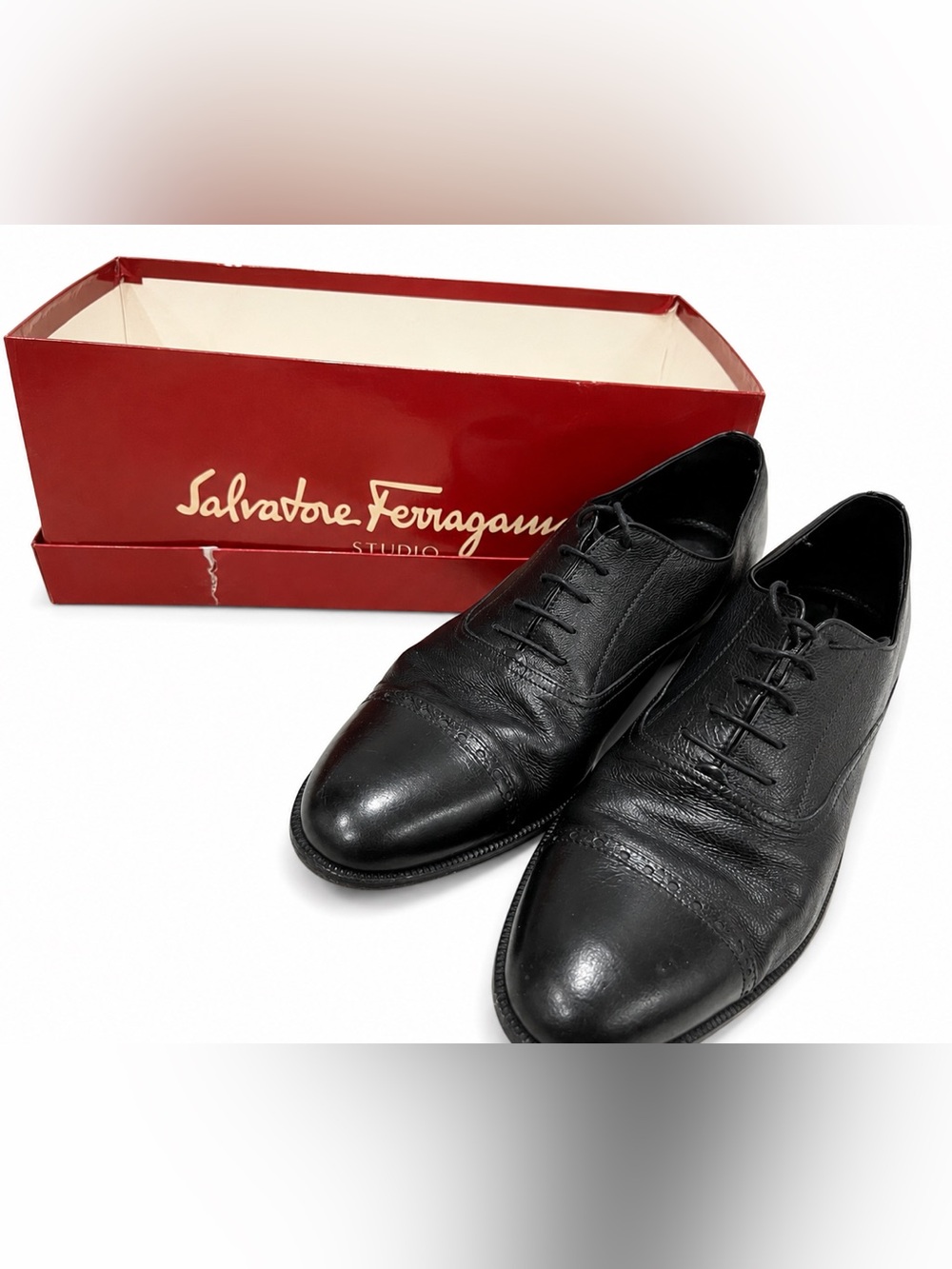 Salvatore Ferragamo Mentor Cap Toe Oxford Black Leather Shoes Mens 9D Italy EUC